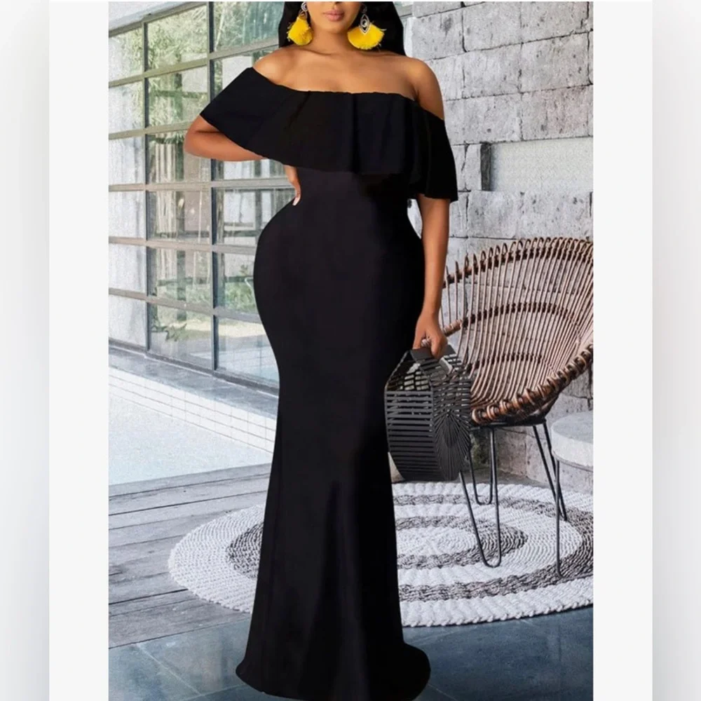 NEW Off The Shoulder Maxi Dress Black Ruffle Evening Party Long Dress Size L - Picture 4 of 12